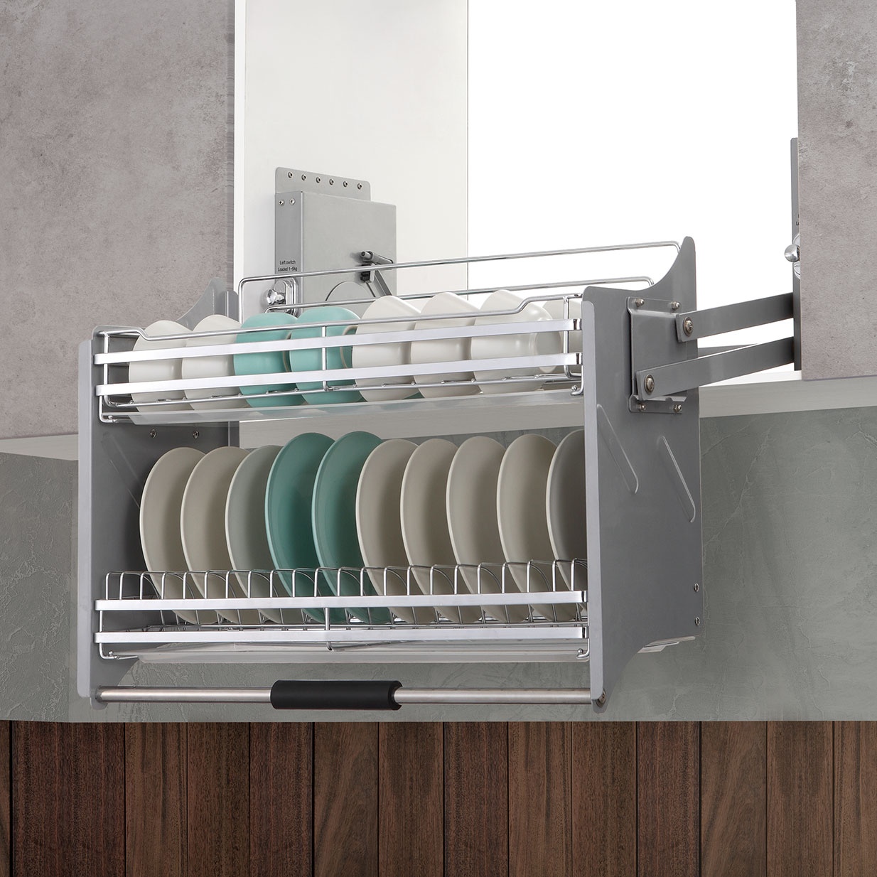 Pull Down Basket With Weight Adjust System In Kitchen
